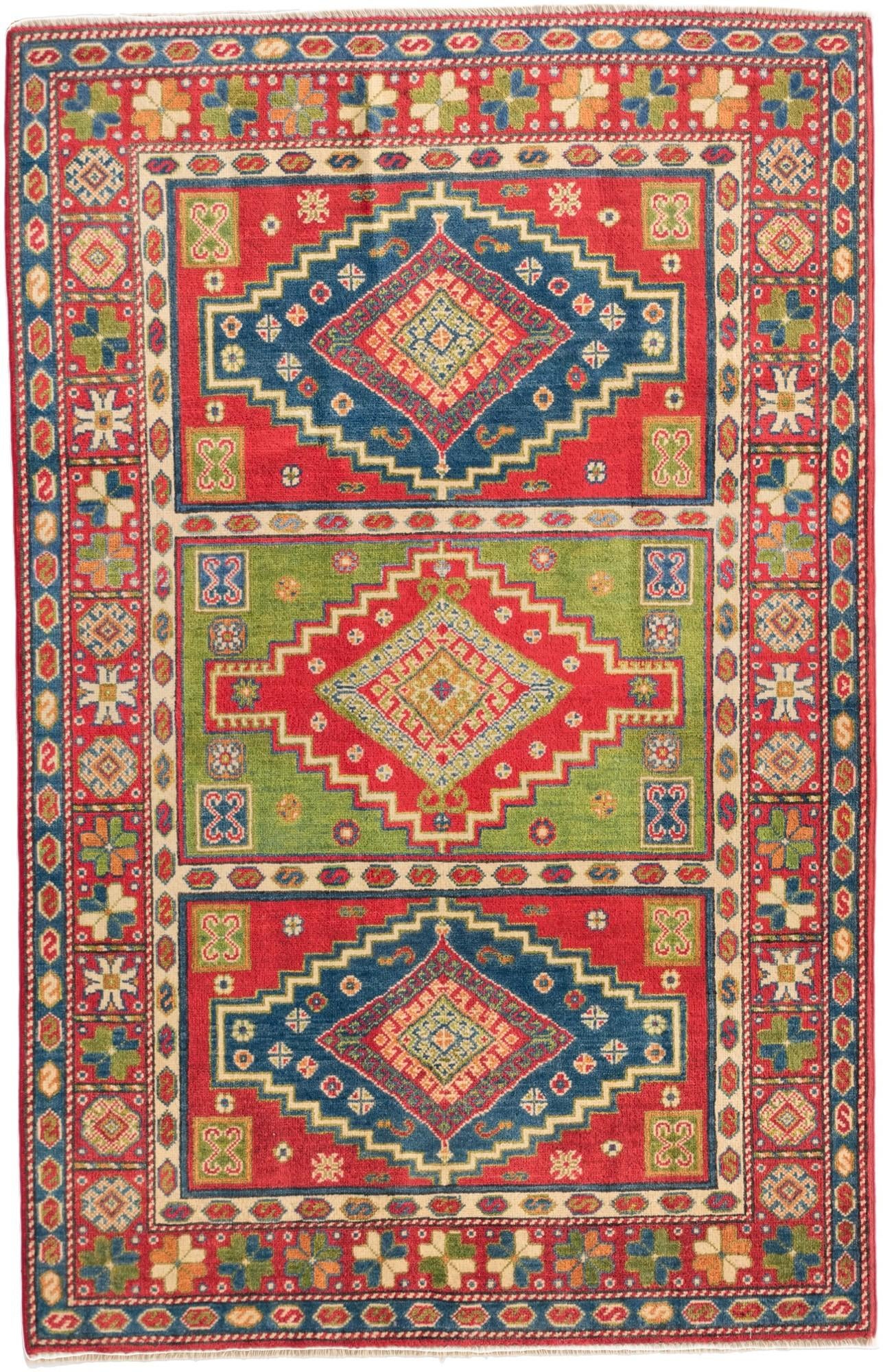 4' x 6' 3 Hand Knotted Kazak Rug