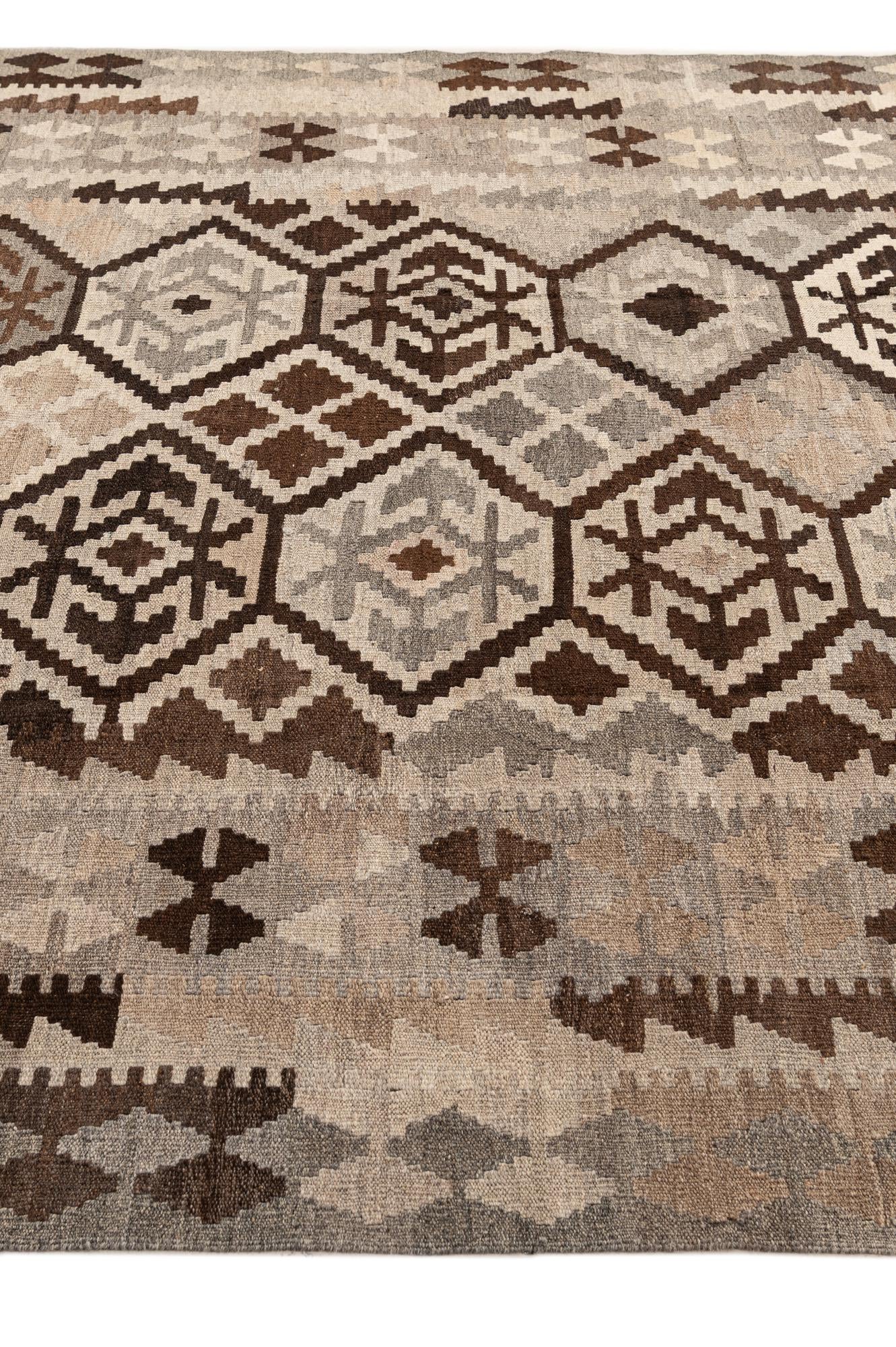 6' 9 x 9' 8 Hand Woven Kilim Maymana Wool Rug