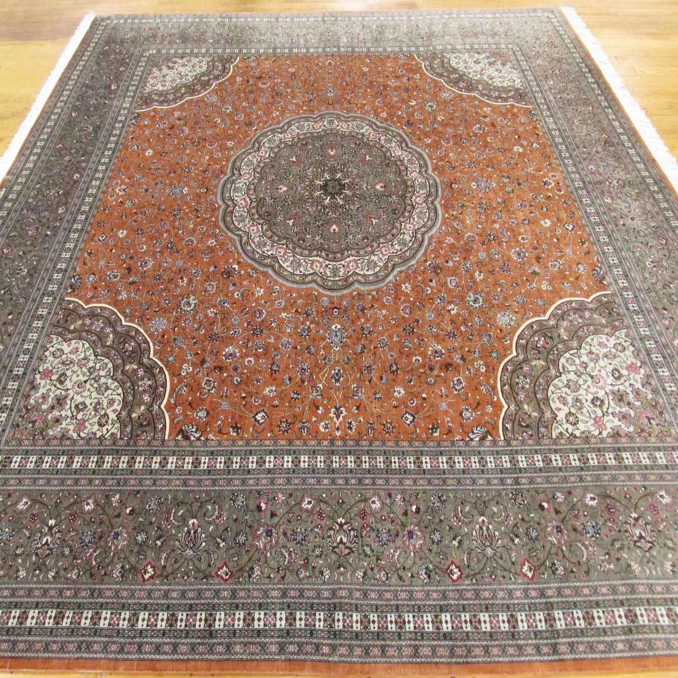 Orange 9' 8 x 9' 8 Hand Knotted Qom Persian Square Rug eSaleRugs