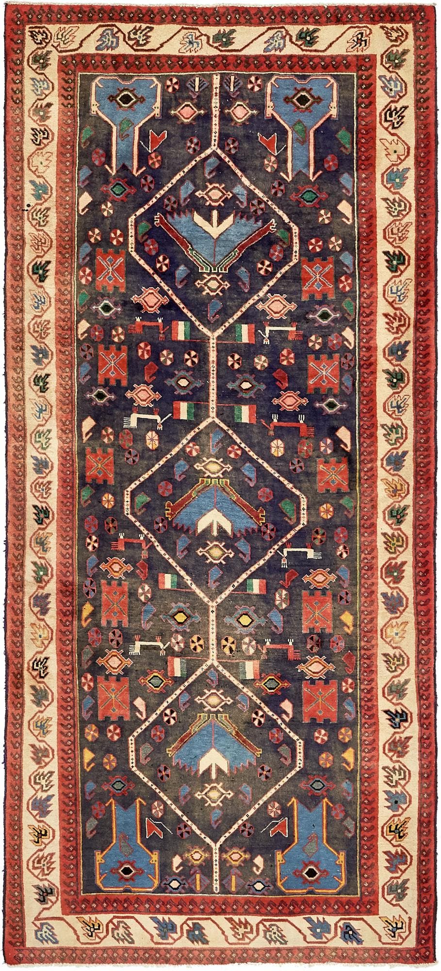 Navy Blue 4' 3 x 9' 1 Hand Knotted Hamedan Persian Wool Runner Rug