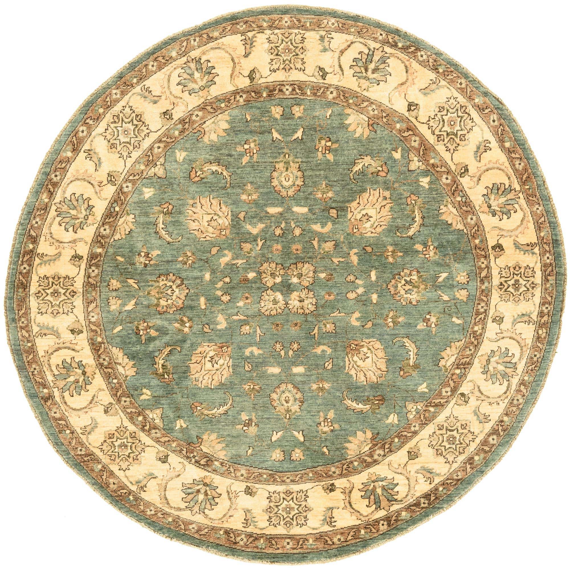 Nuloom hand made chunky loop natural jute area rug in tan color Blue 6' 6 x 6' 6 Peshawar Ziegler Round Rug | HandKnotted.com
