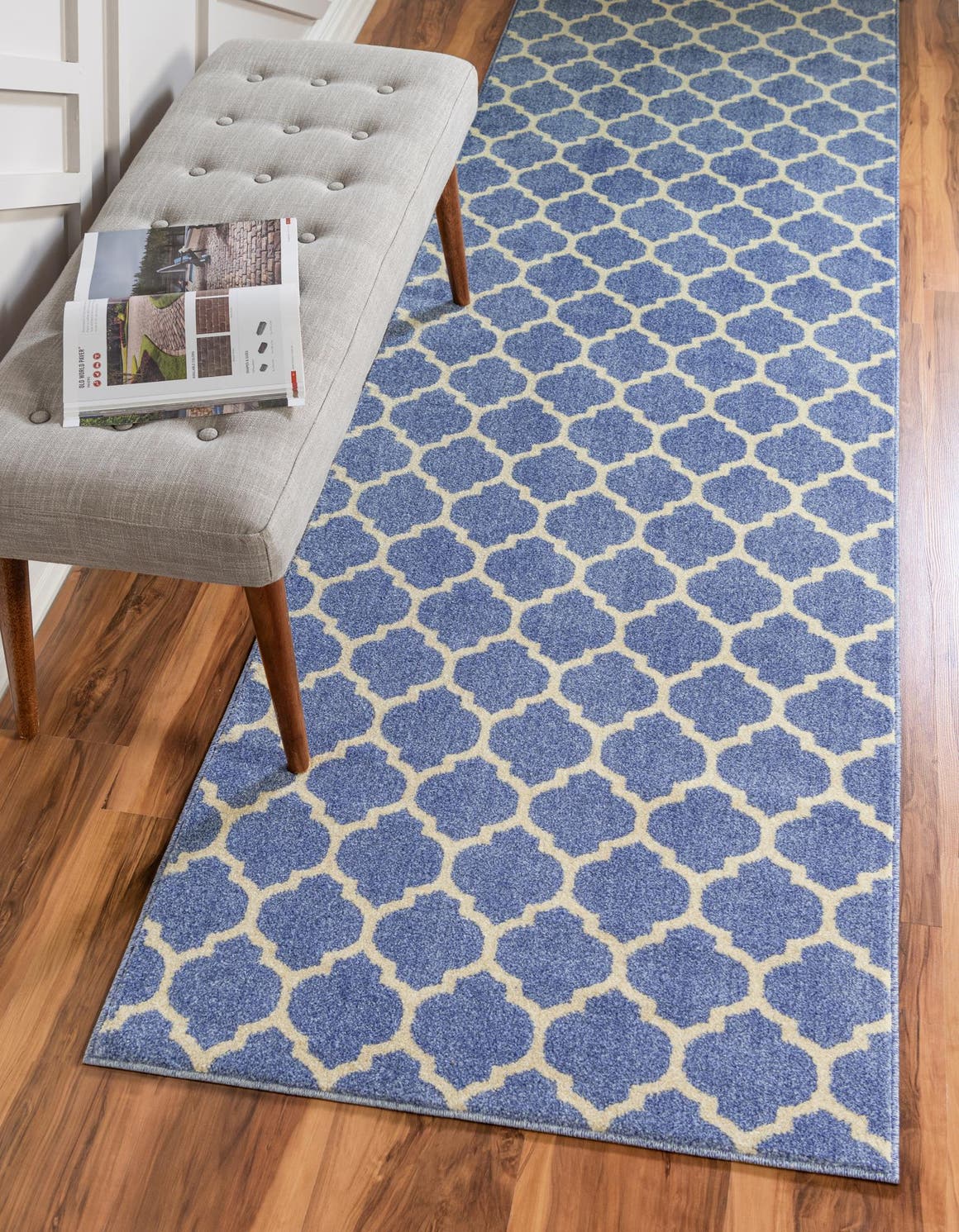 Light Blue 80cm x 305cm Trellis Runner Rug AU Rugs