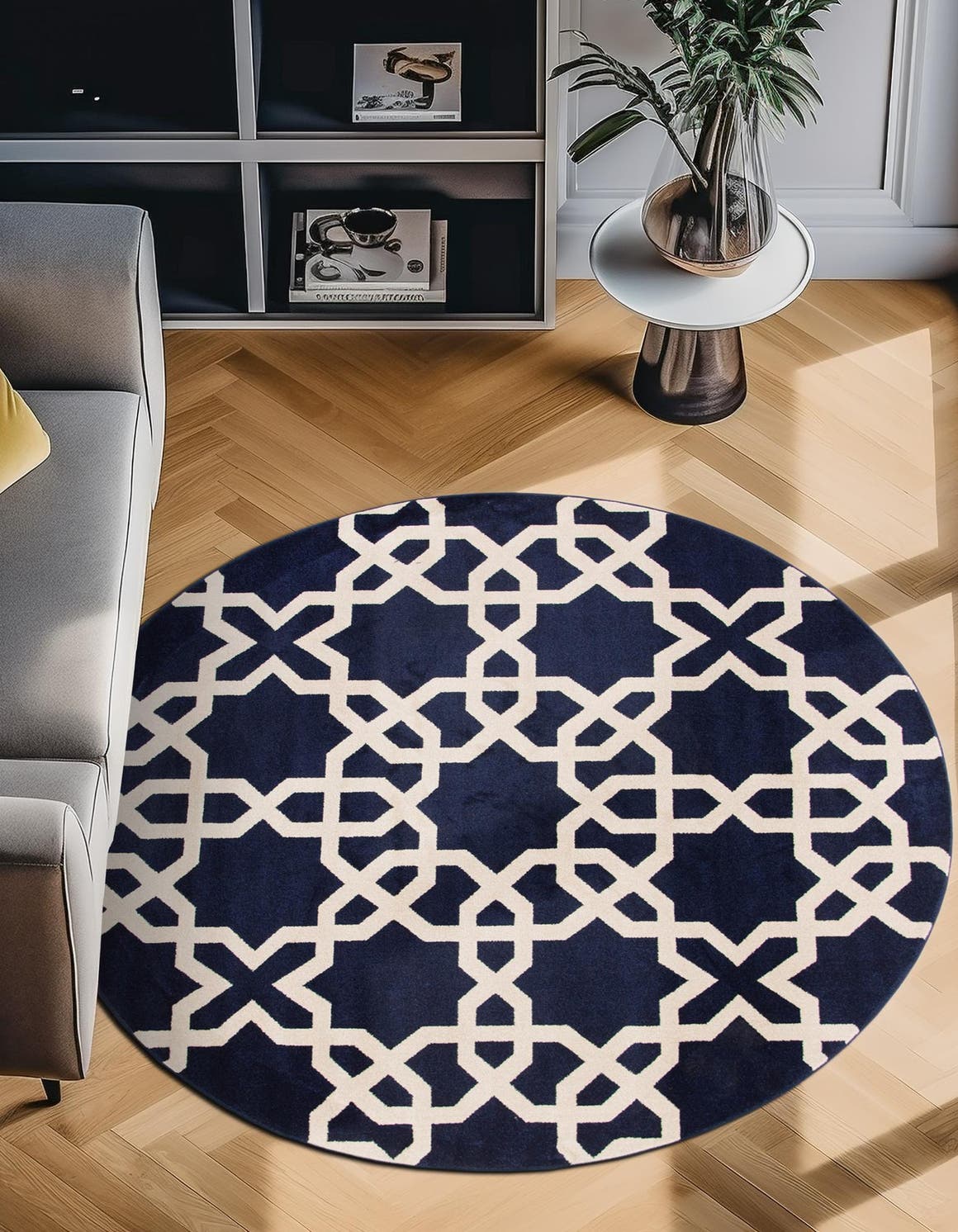 Navy Blue 185cm x 185cm Trellis Round Rug AU Rugs