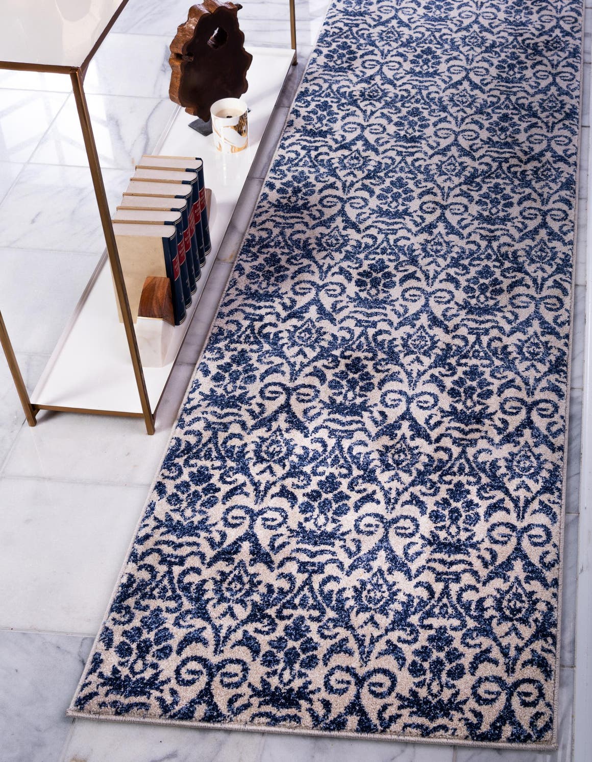 Blue 80cm x 305cm Damask Runner Rug AU Rugs