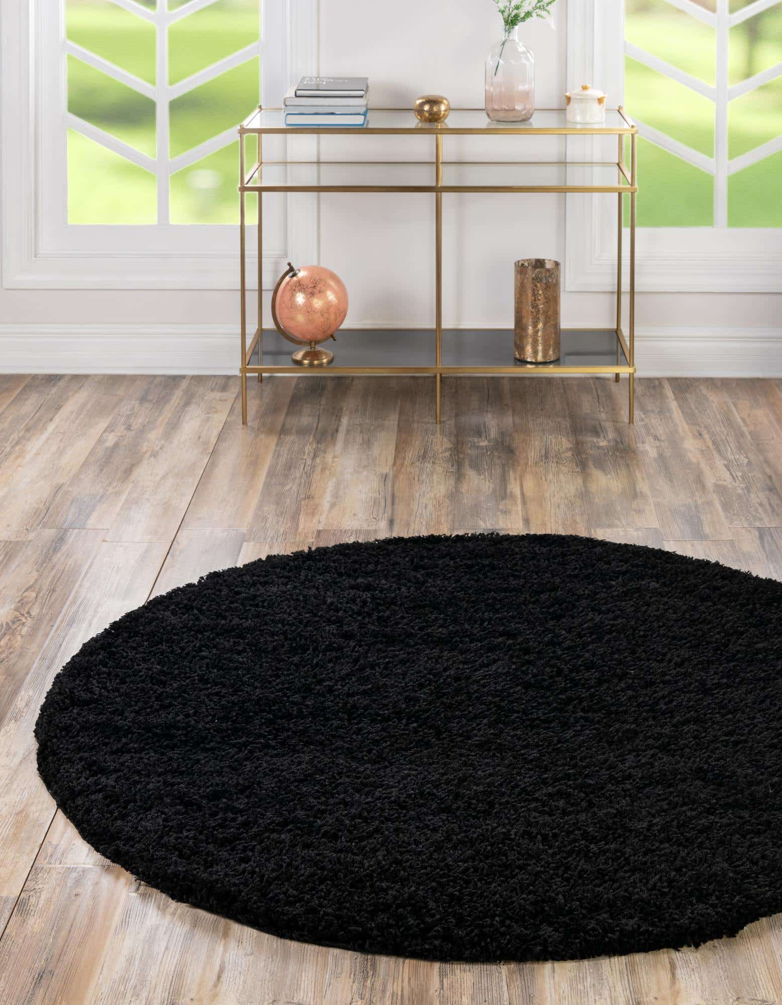 Jet Black 5' x 5' Solid Shag Round Rug | Rugs.com