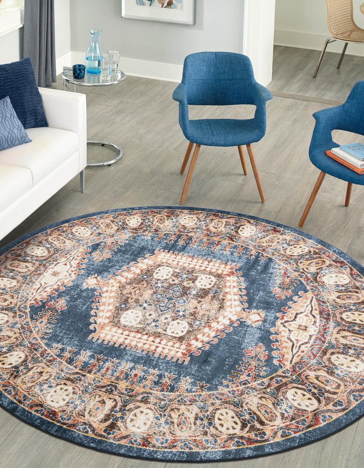 Dark Blue 122cm x 122cm Arcadia Round Rug AU Rugs
