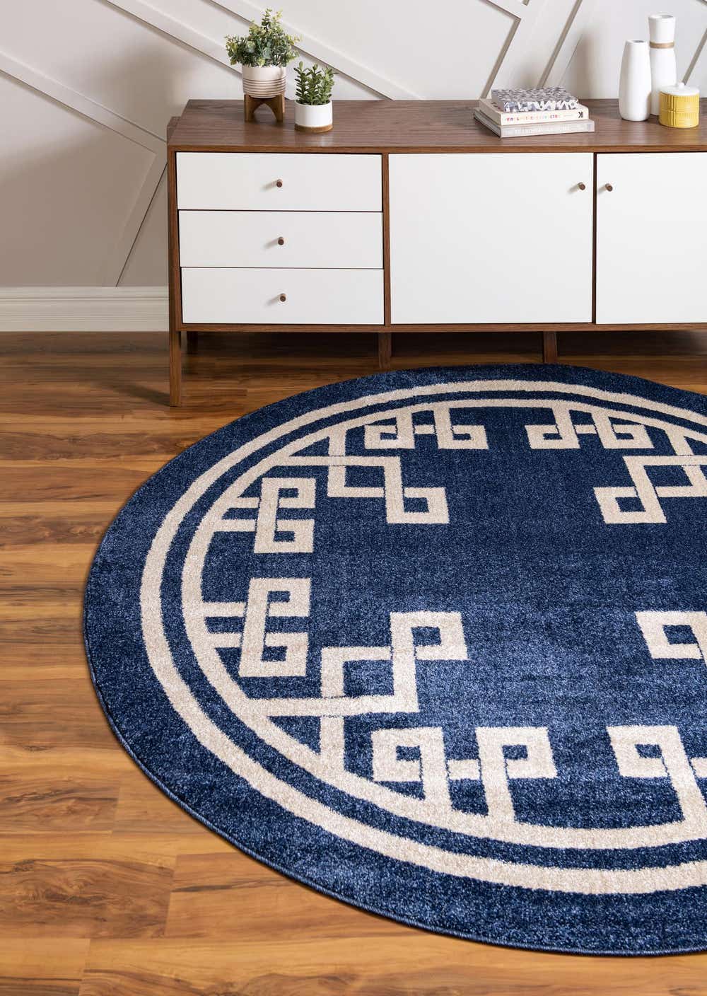Dark Blue 8' x 8' Greek Key Round Rug eSaleRugs