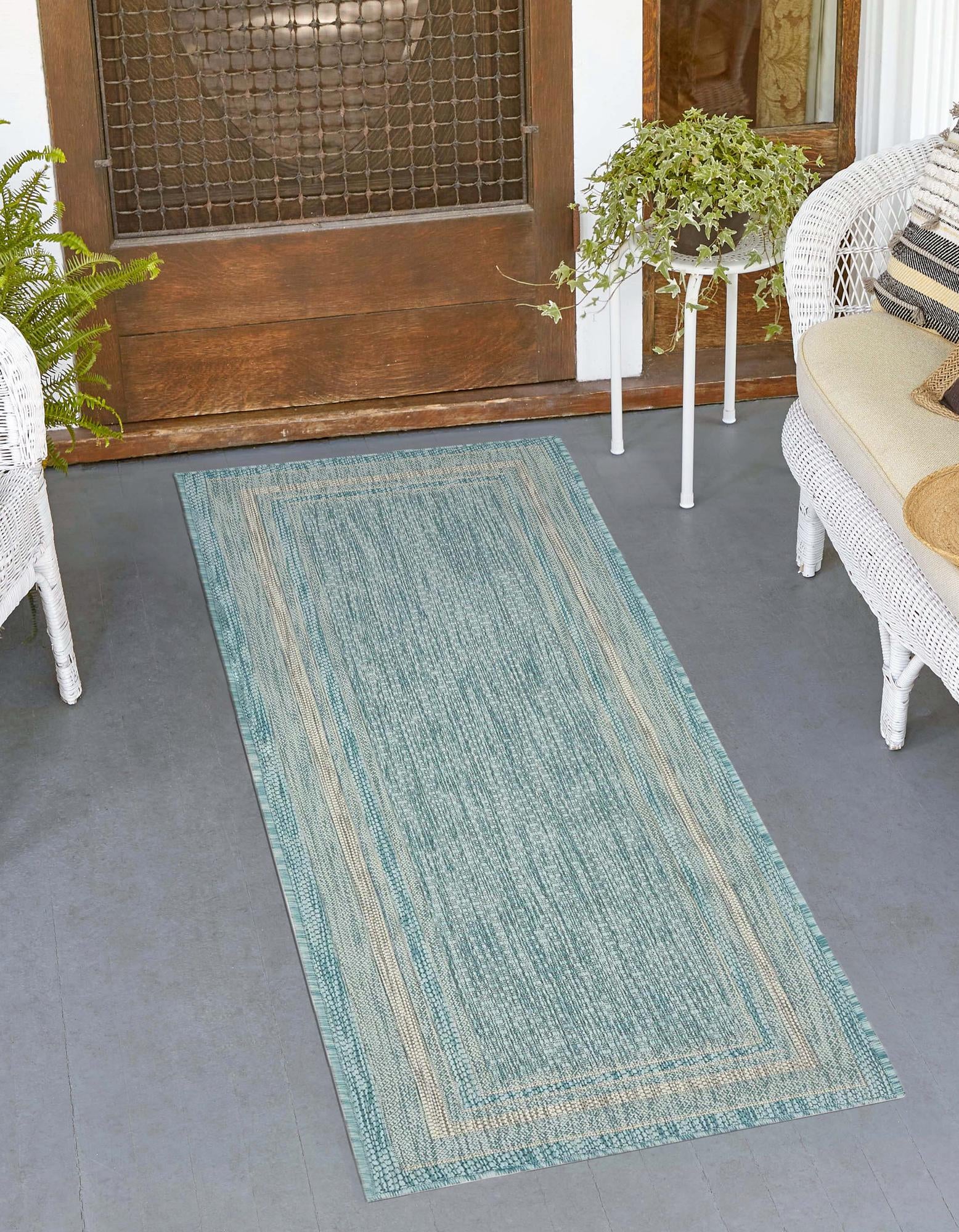 Aquamarine 2' x 6' Outdoor Border Runner Rug | Rugs.com