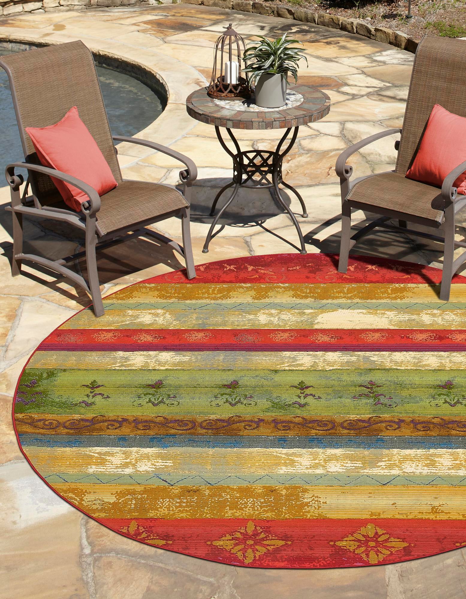 Multicolor 8' x 8' Outdoor Modern Round Indoor / Outdoor Rug