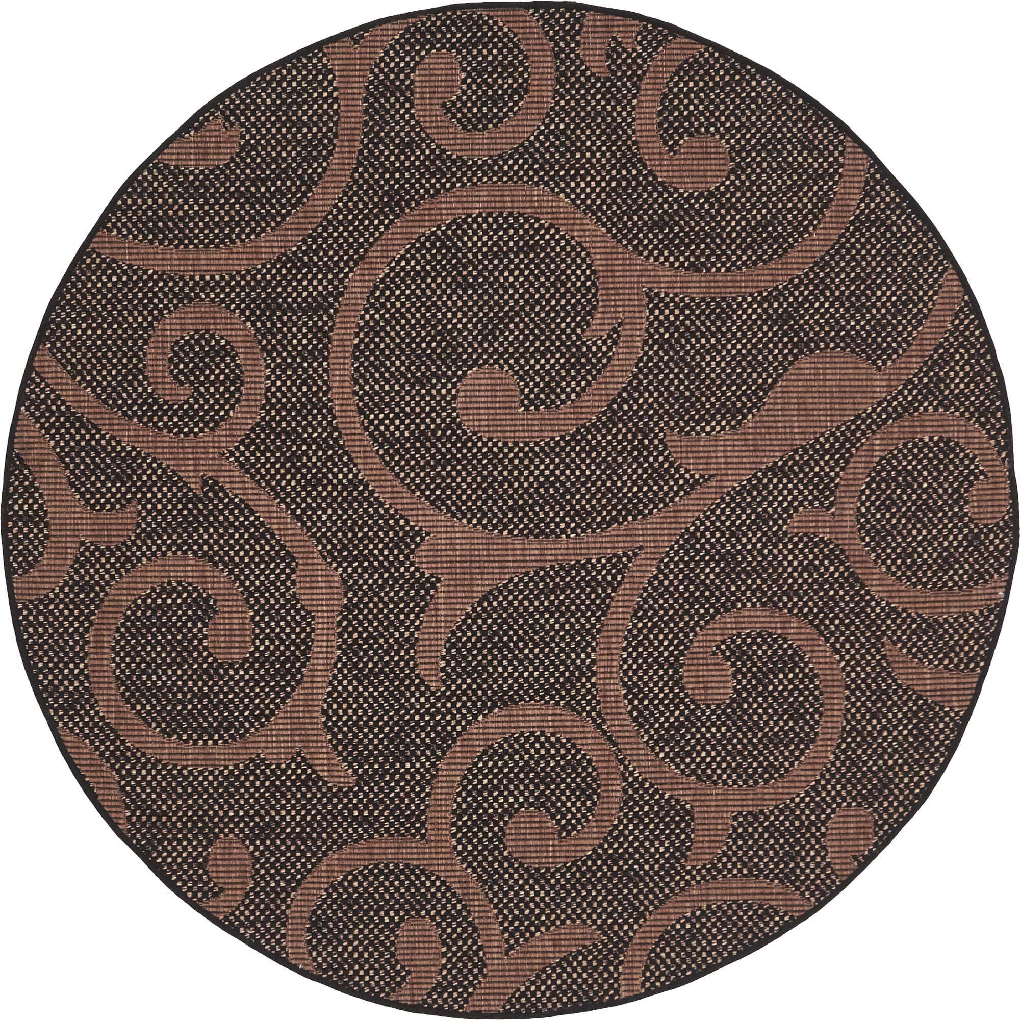 Chocolate Brown 6' x 6' Outdoor Botanical Round Indoor / Outdoor Rug