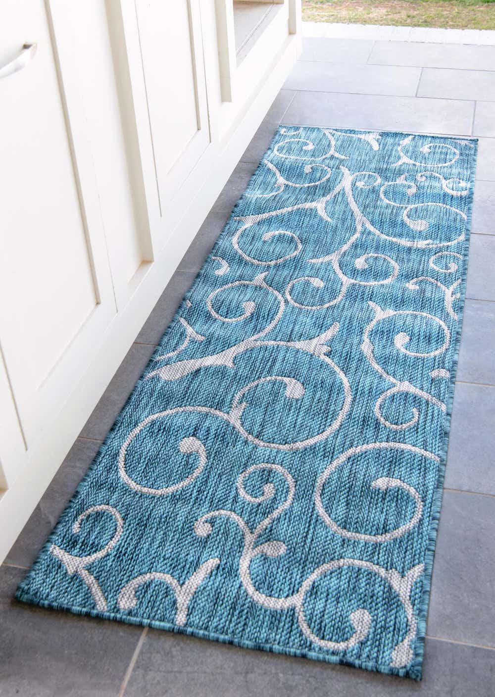 Teal 2' x 6' Outdoor Botanical Runner Rug