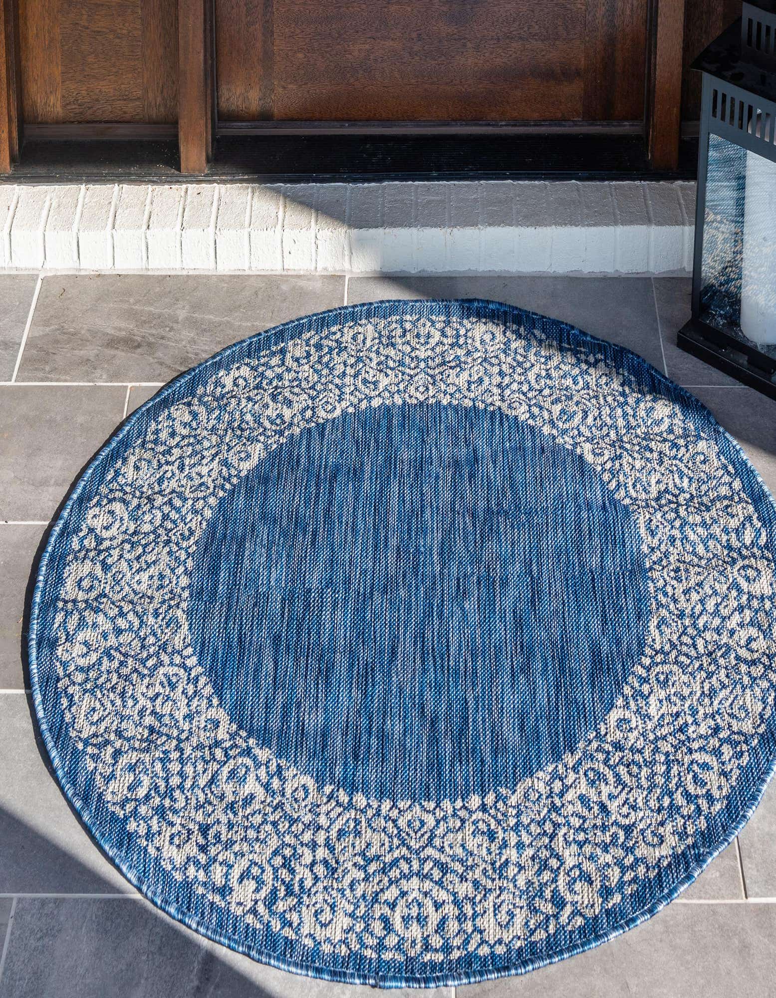 Blue 13' x 13' Outdoor Border Round Indoor / Outdoor Rug