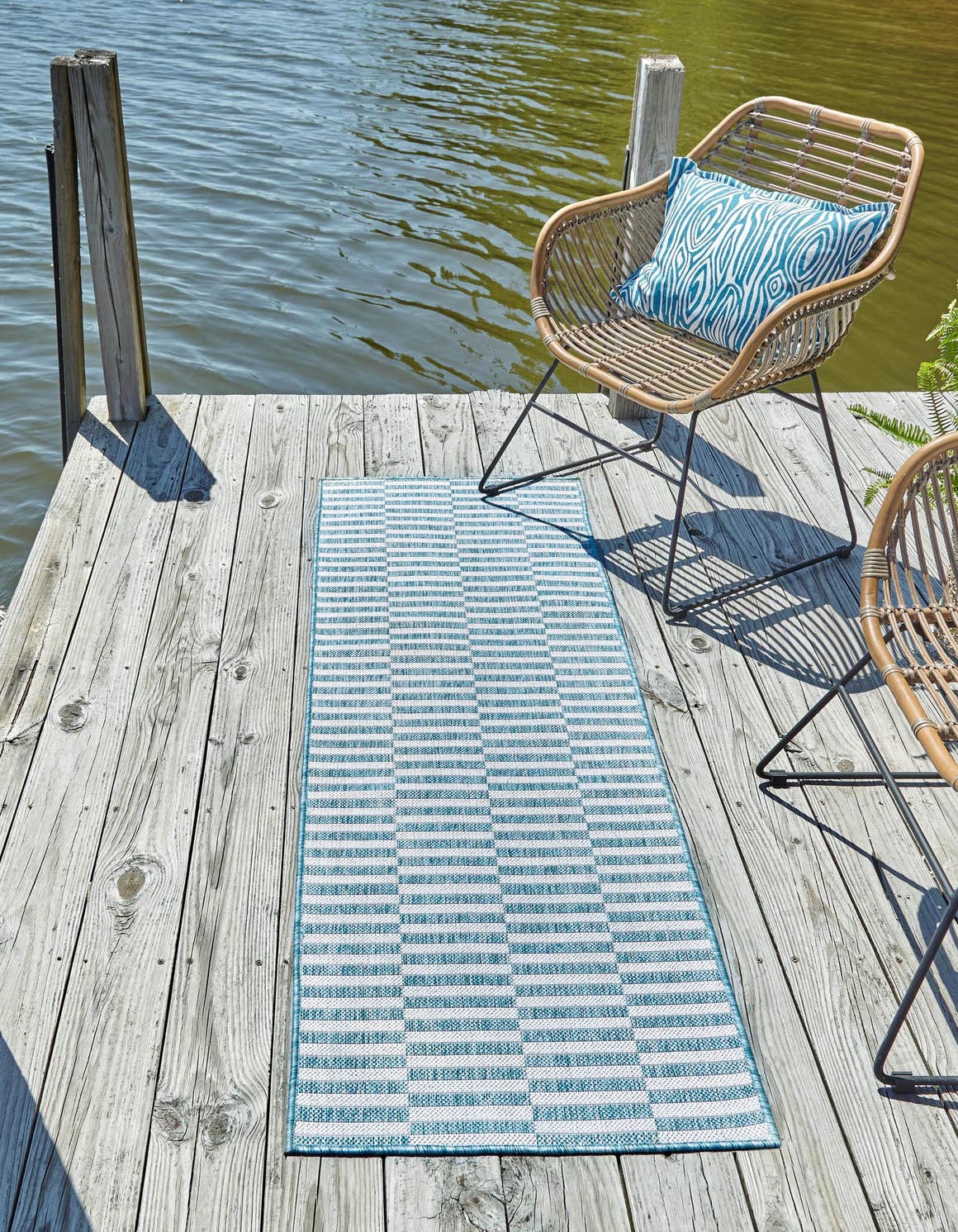 Light Aqua 2' x 6' Outdoor Striped Runner Indoor / Outdoor Rug eSaleRugs