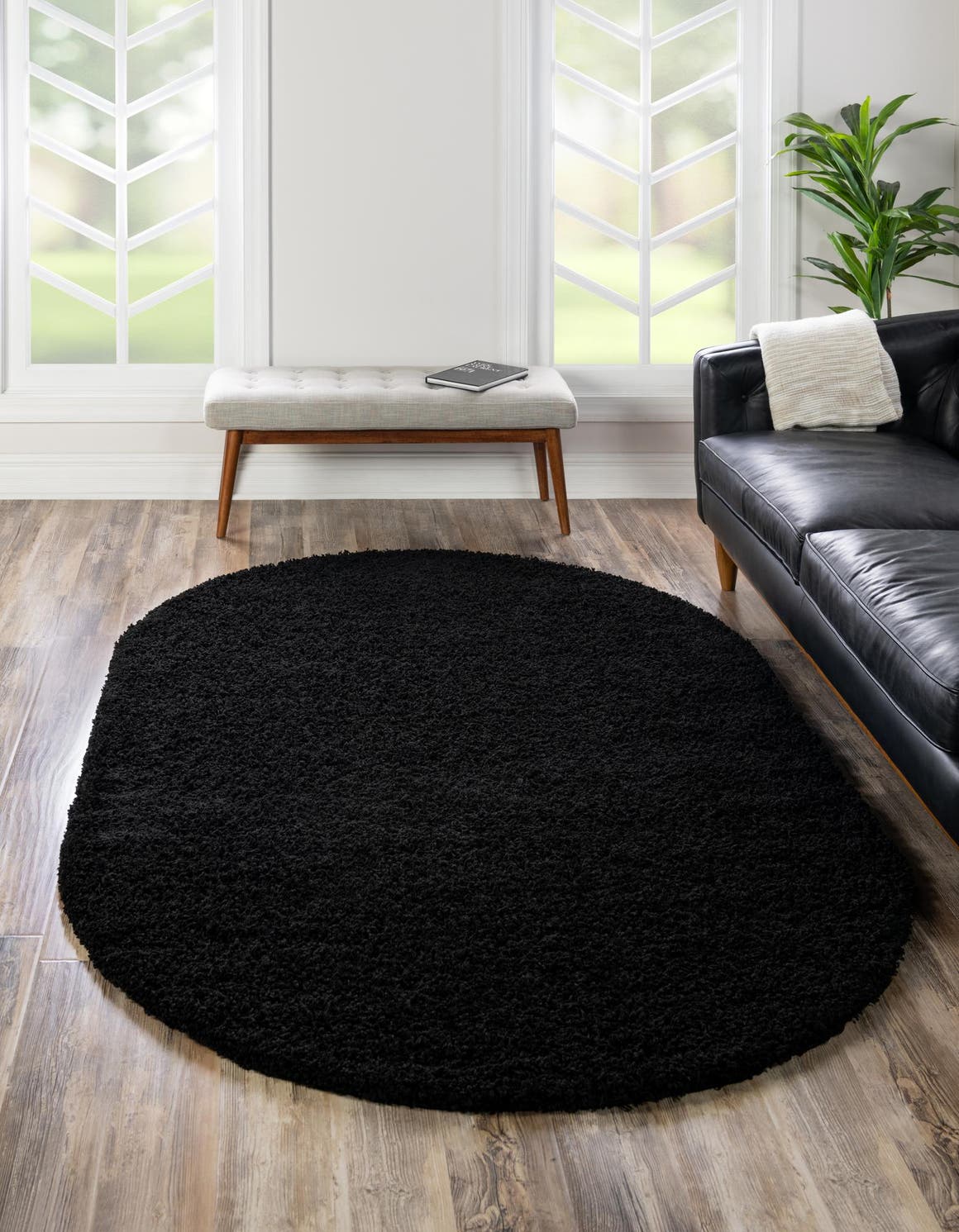 Jet Black 5' x 8' Solid Shag Oval Rug