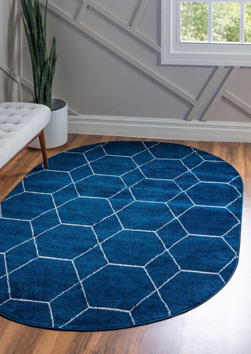 Navy Blue 7' 10 x 10' Lattice Frieze Oval Rug