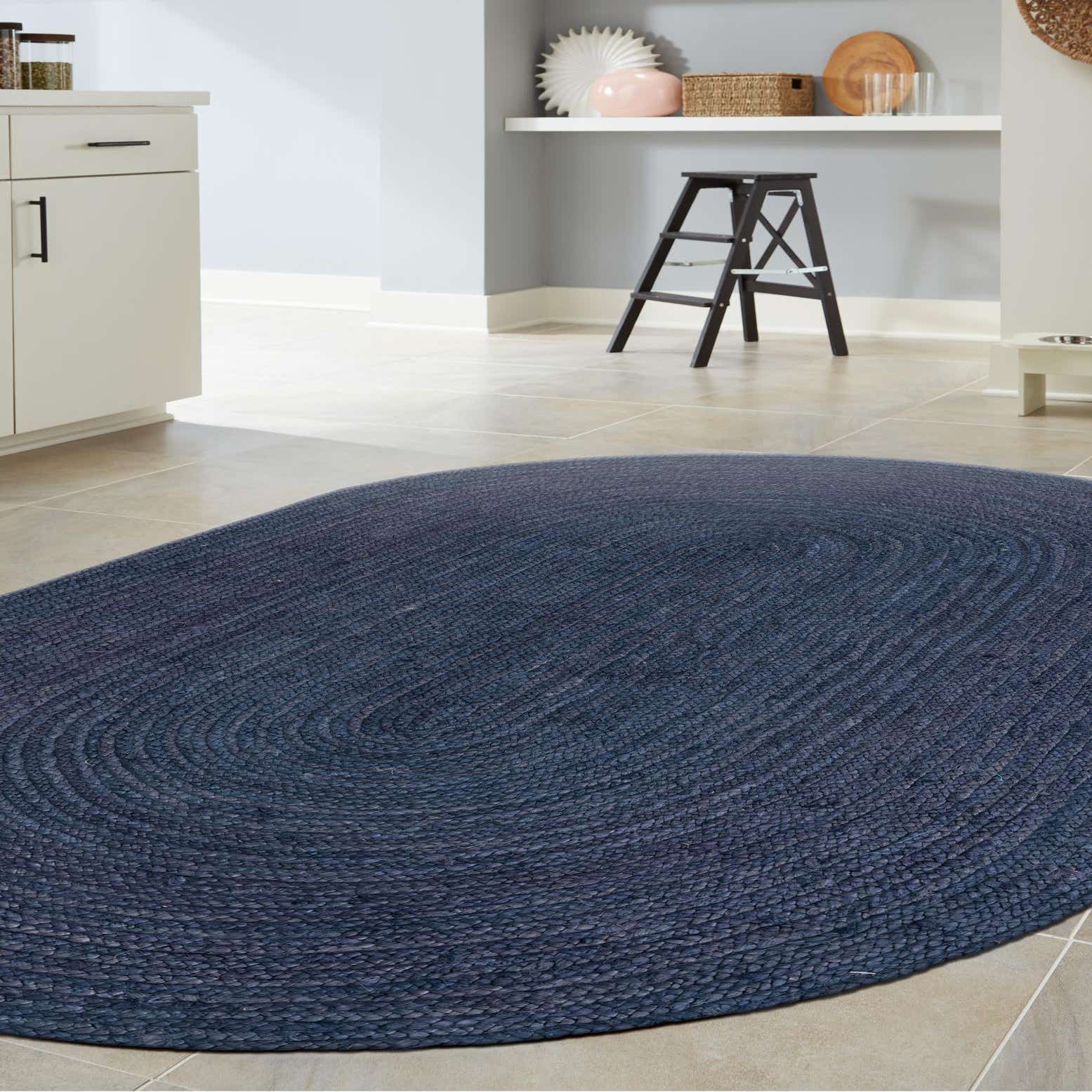 Navy Blue 3' 3 x 5' Braided Jute Oval Rug Rugs.ca
