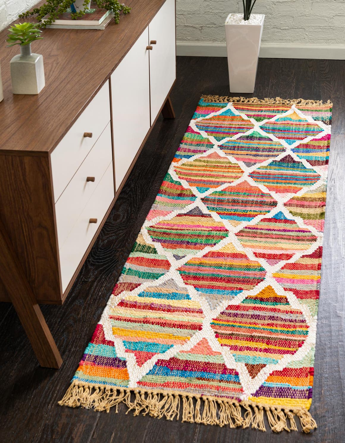 Multicolor 2' 2 x 6' Chindi Trellis Runner Rug