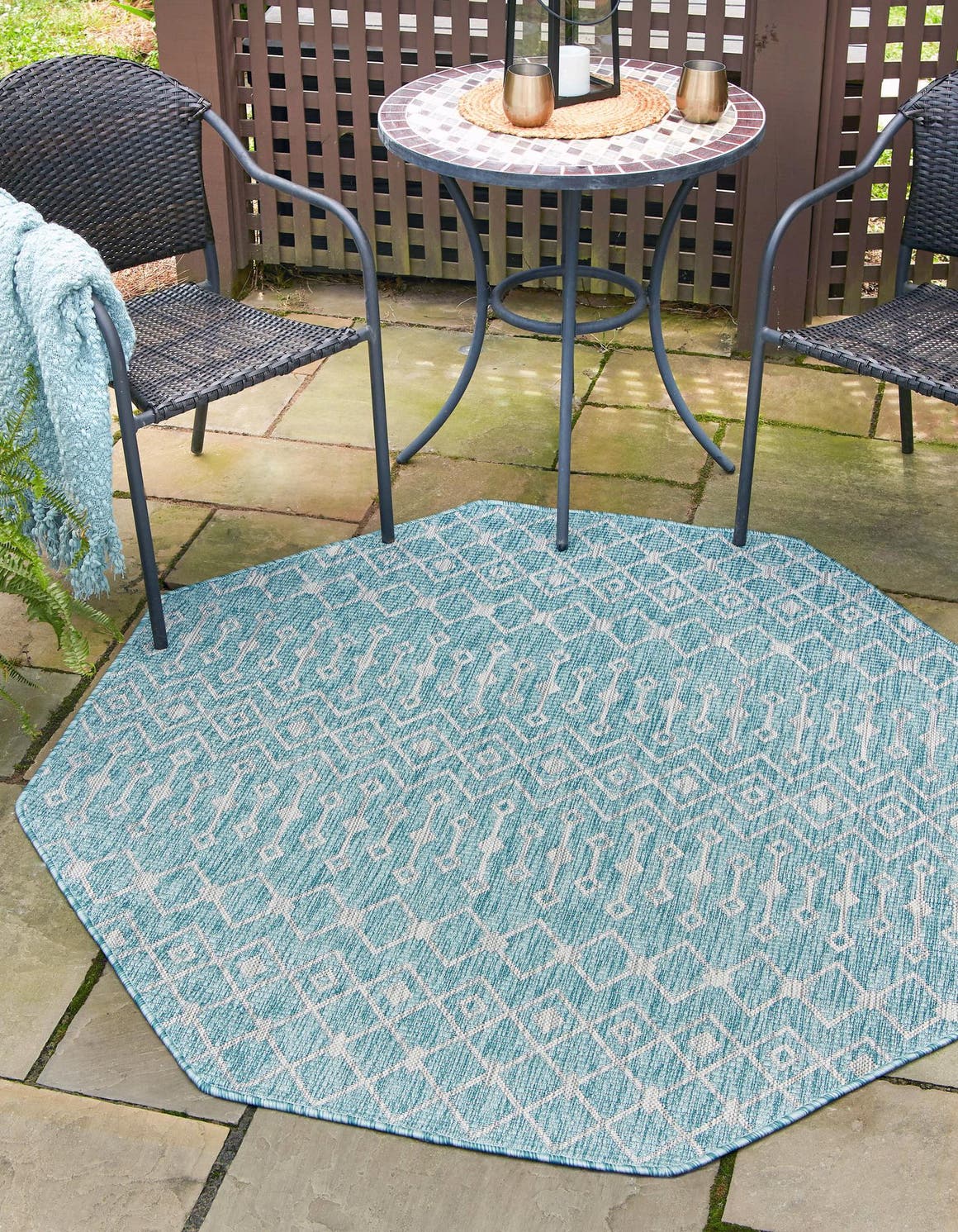 Aqua 5' 3 x 5' 3 Outdoor Trellis Octagon Rug eSaleRugs
