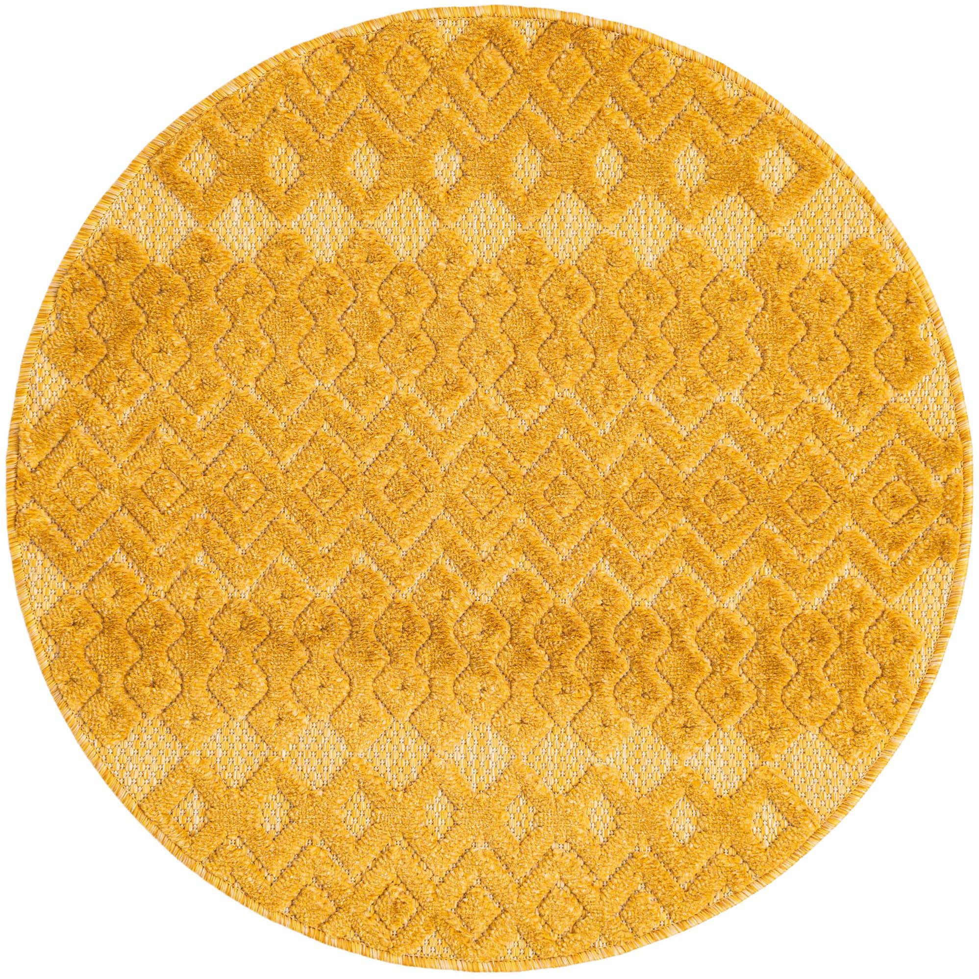 Yellow 3' x 3' Outdoor Trellis Textured Round Rug