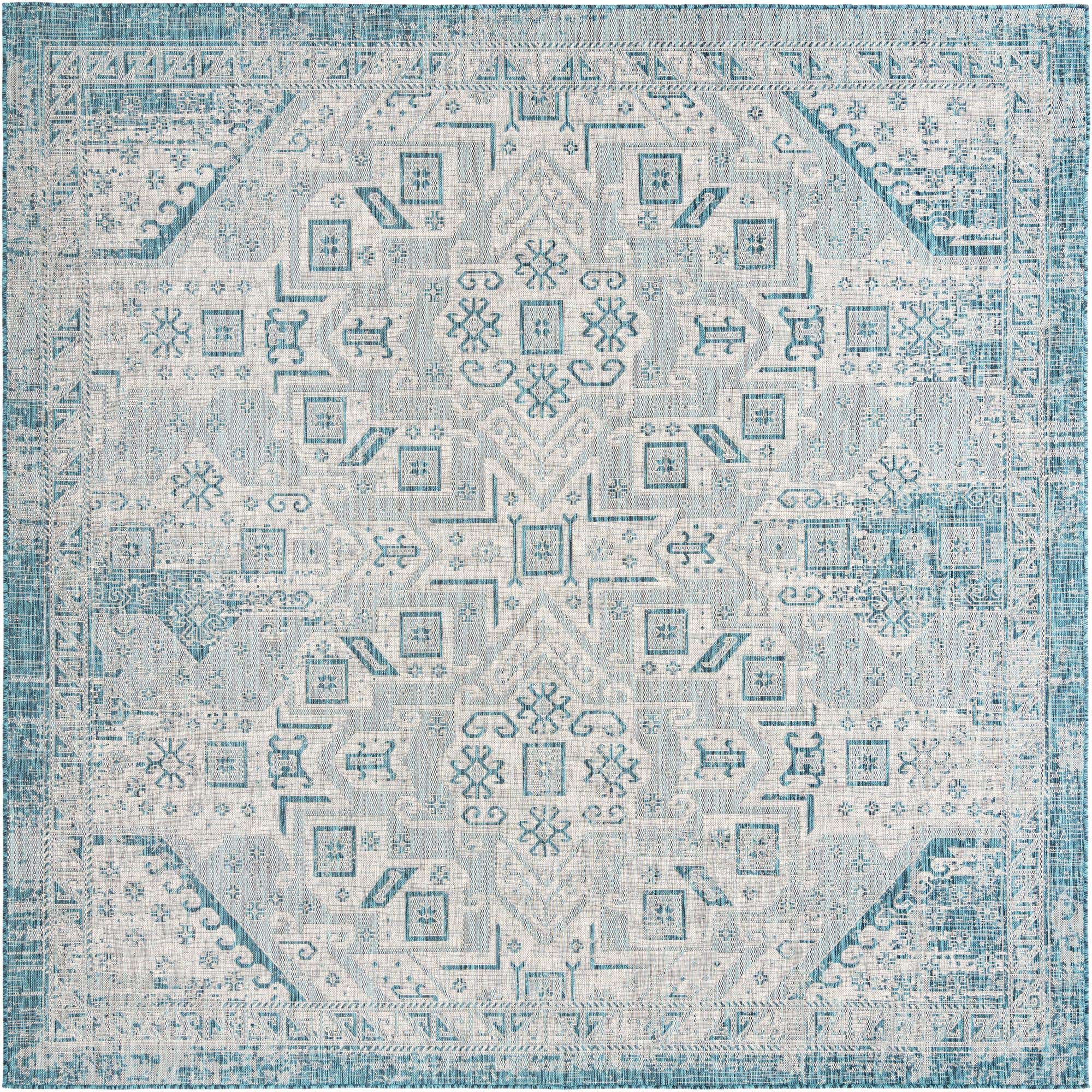 Teal 10' x 10' Outdoor Aztec Square Rug