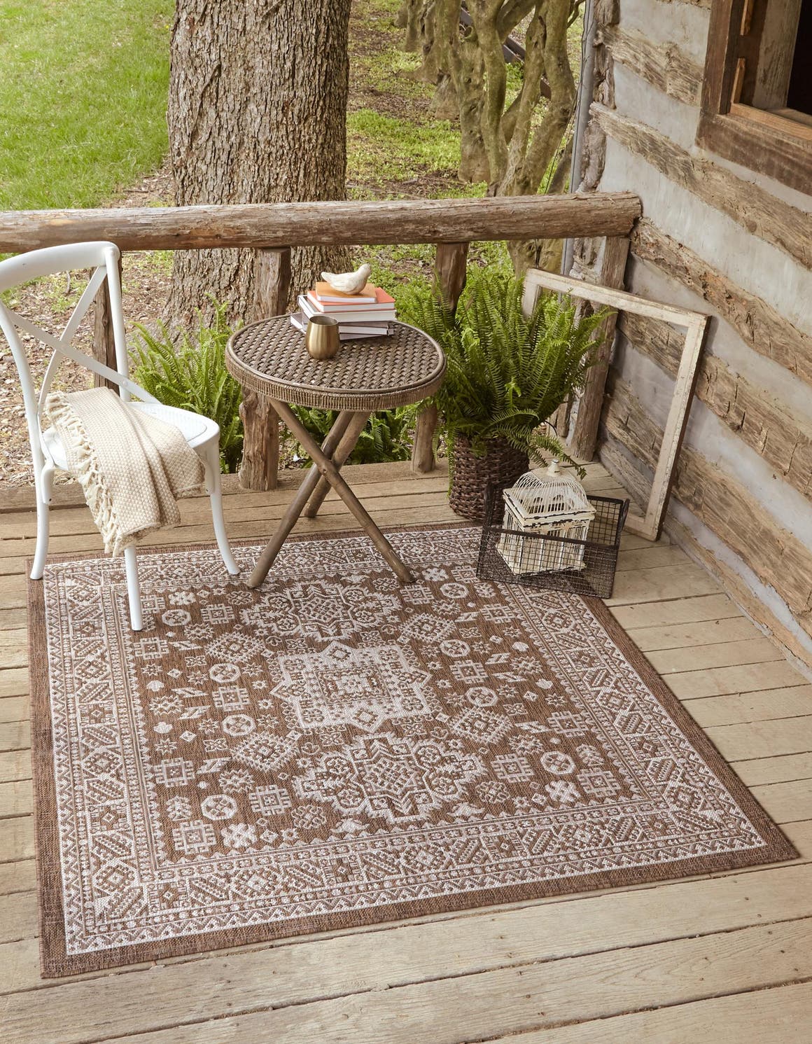 Brown 7' 10 x 7' 10 Outdoor Aztec Square Rug
