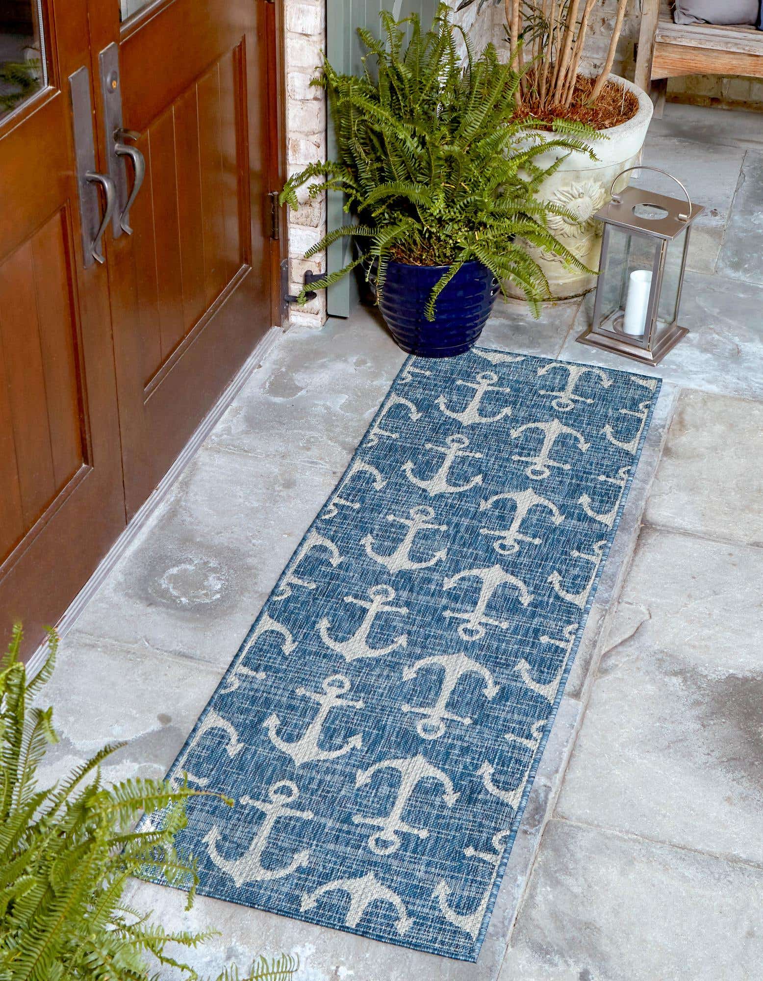 2' x 7' 10 Outdoor Coastal Runner Rug - Anchors with Navy Blue - Rugs.com