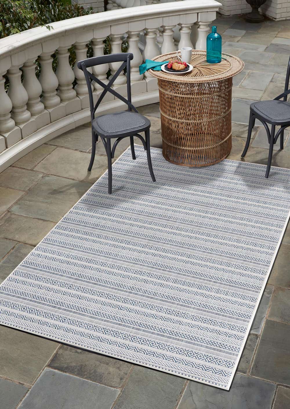 Light Blue 9' x 12' Outdoor Striped Rug eSaleRugs