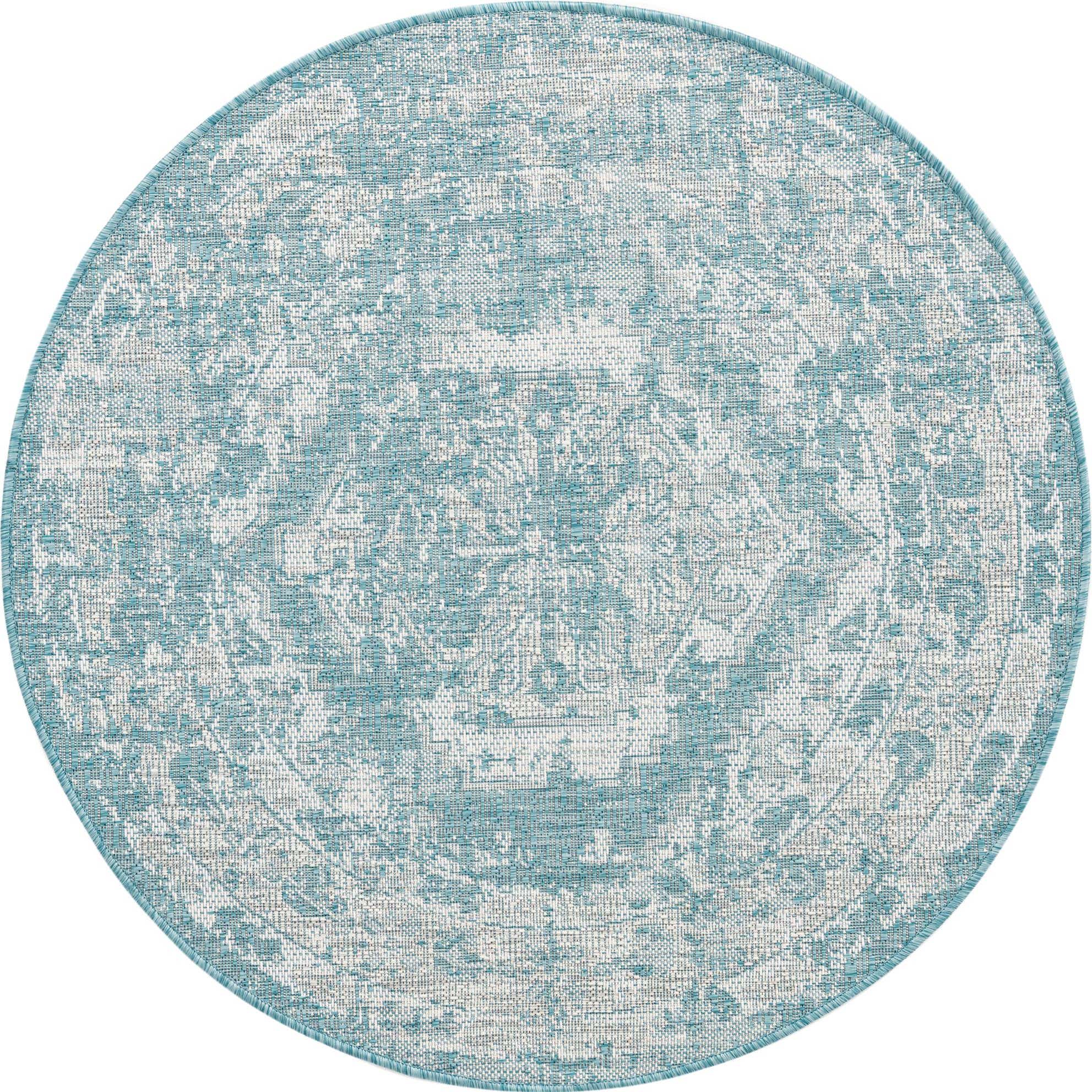Aqua 4' x 4' Outdoor Traditional Round Rug