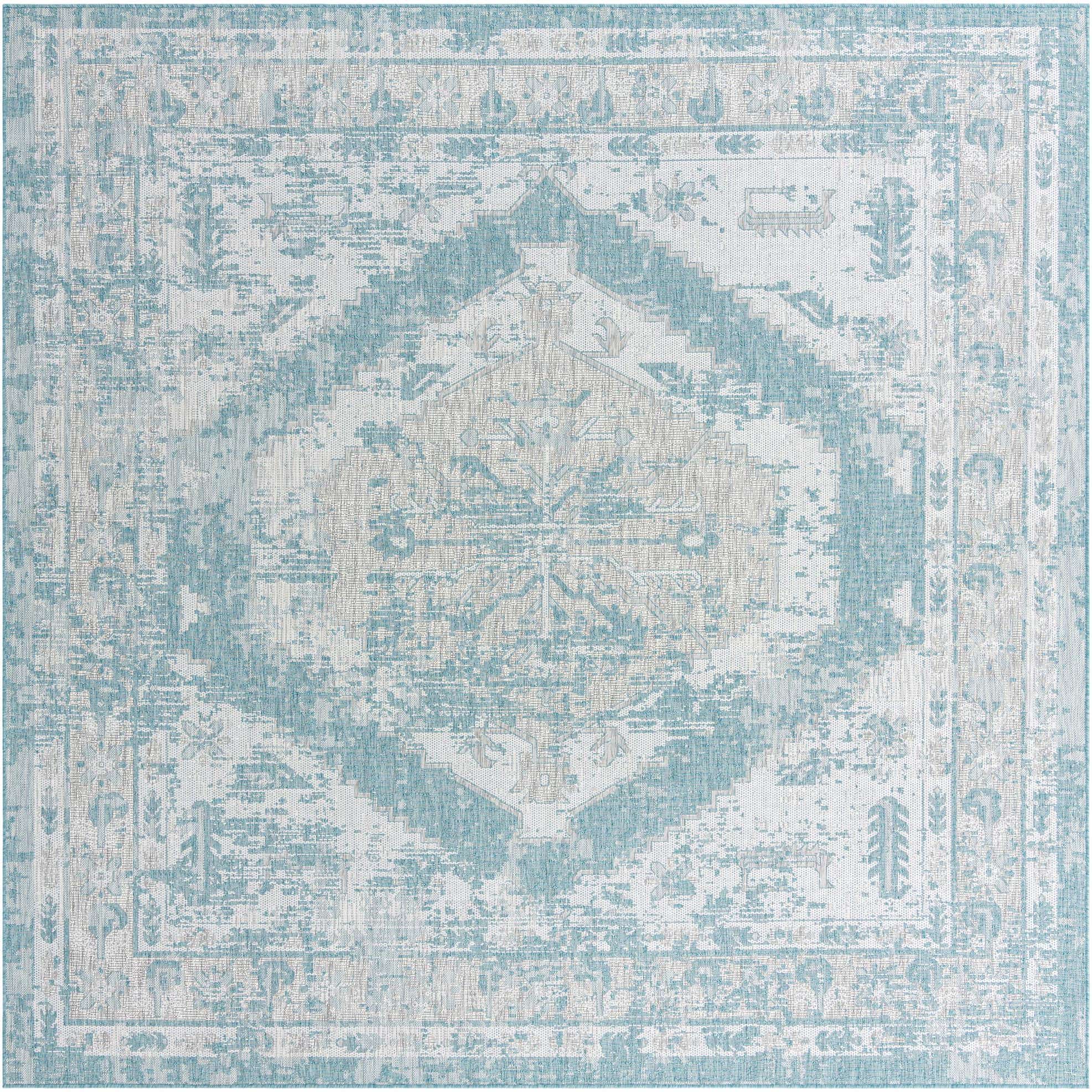 Aqua 10' x 10' Outdoor Traditional Square Rug eSaleRugs