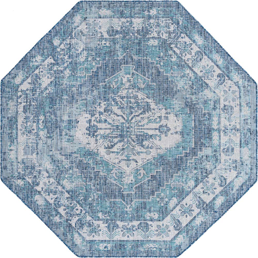 Blue 7' 10 x 7' 10 Outdoor Traditional Octagon Rug | Rugs.com