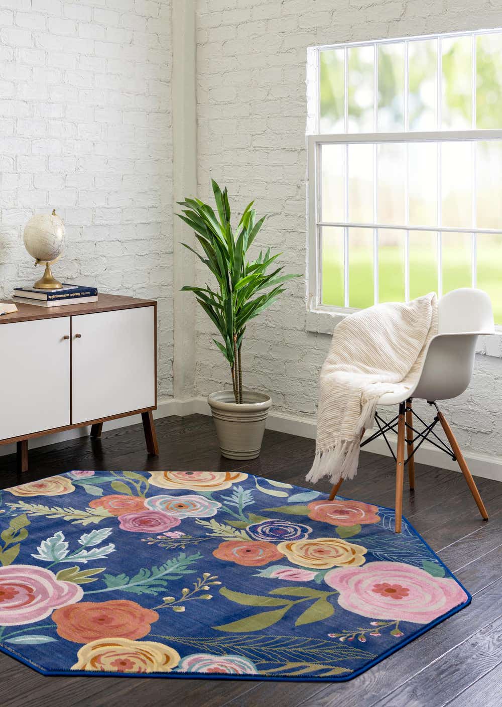 Blue 6' x 6' Blossom Octagon Rug