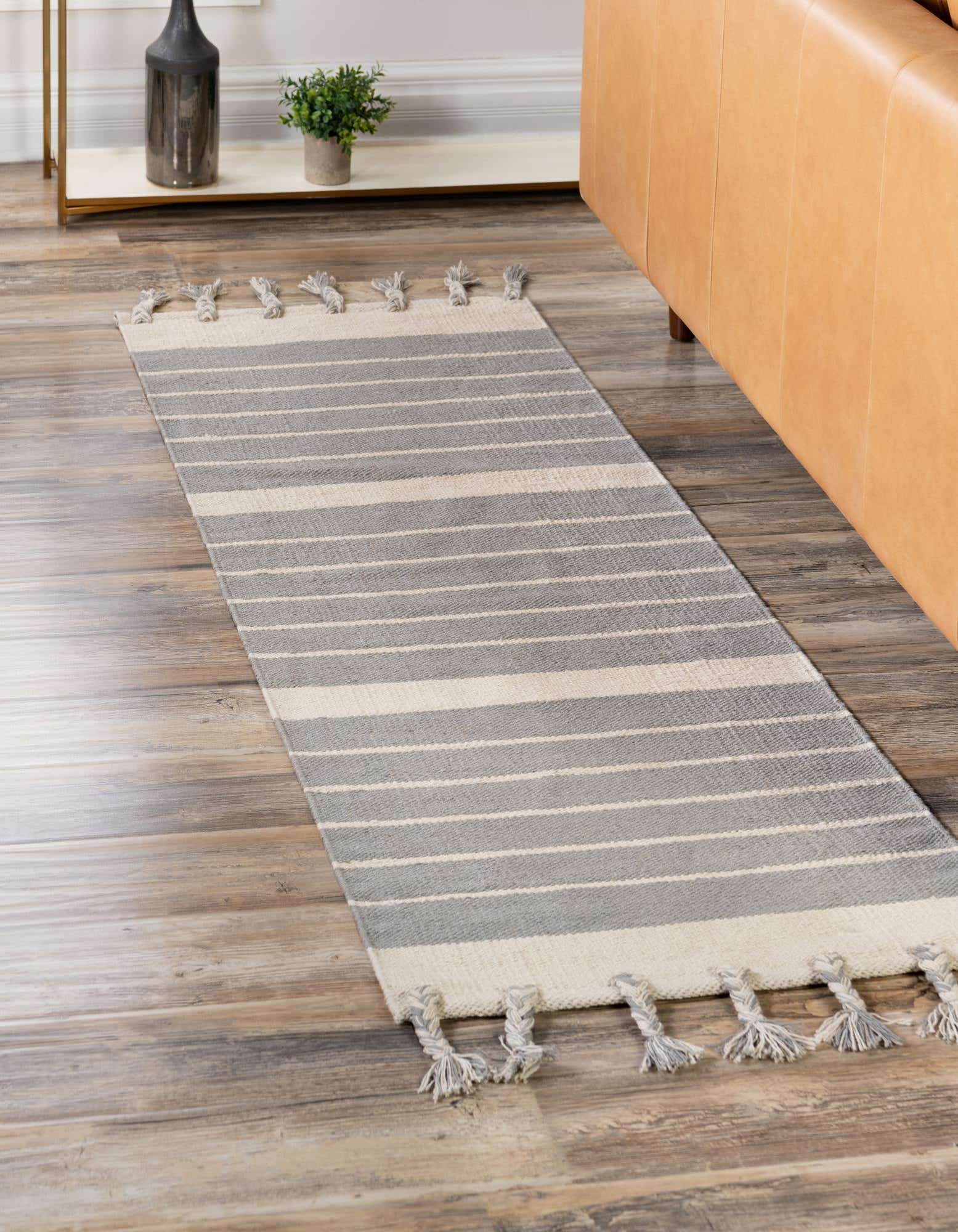 Gray and White 2' 7 x 12' Hand Woven Chindi Cotton Runner Rug