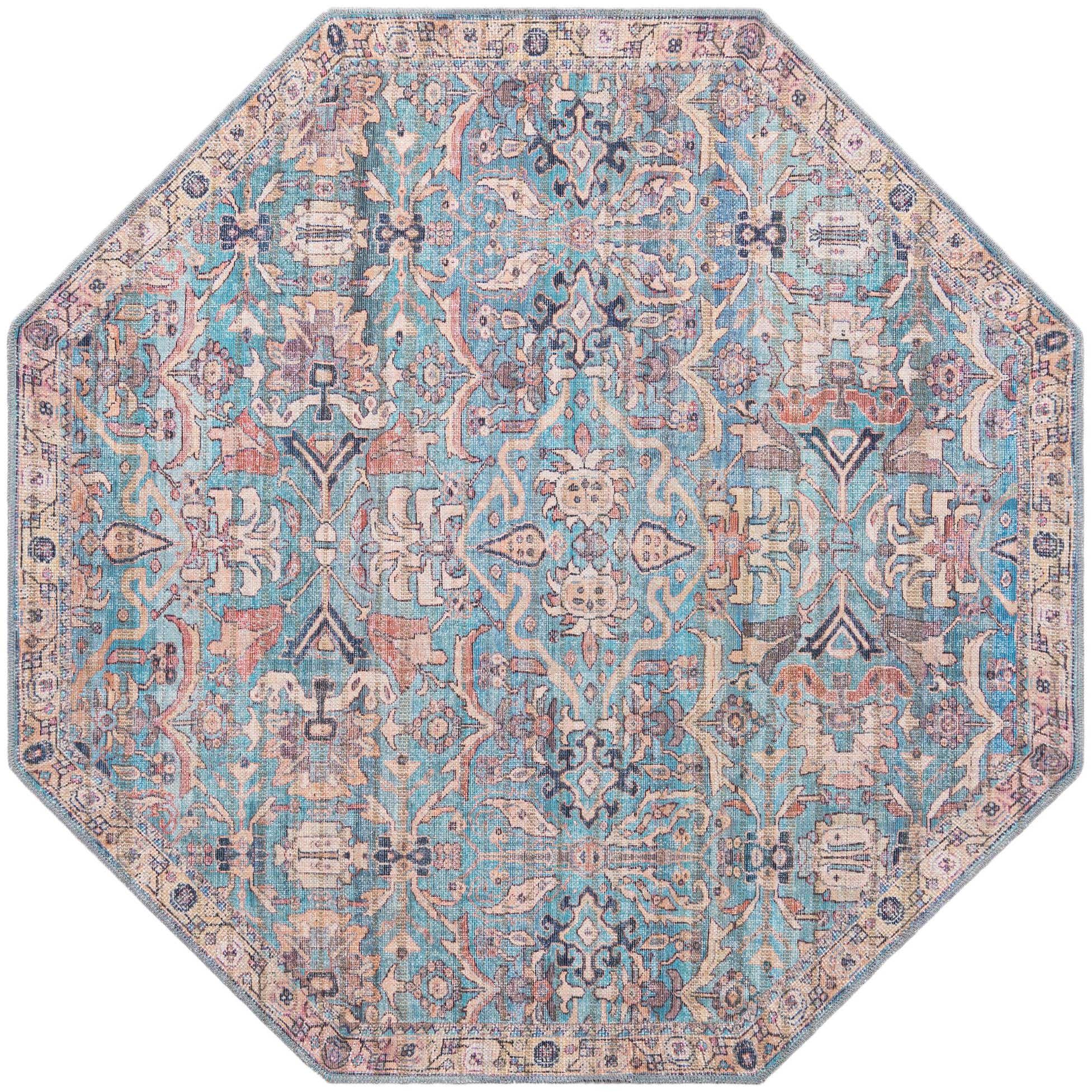 Blue 5' 3 x 5' 3 Nostalgia Washable Octagon Rug eSaleRugs