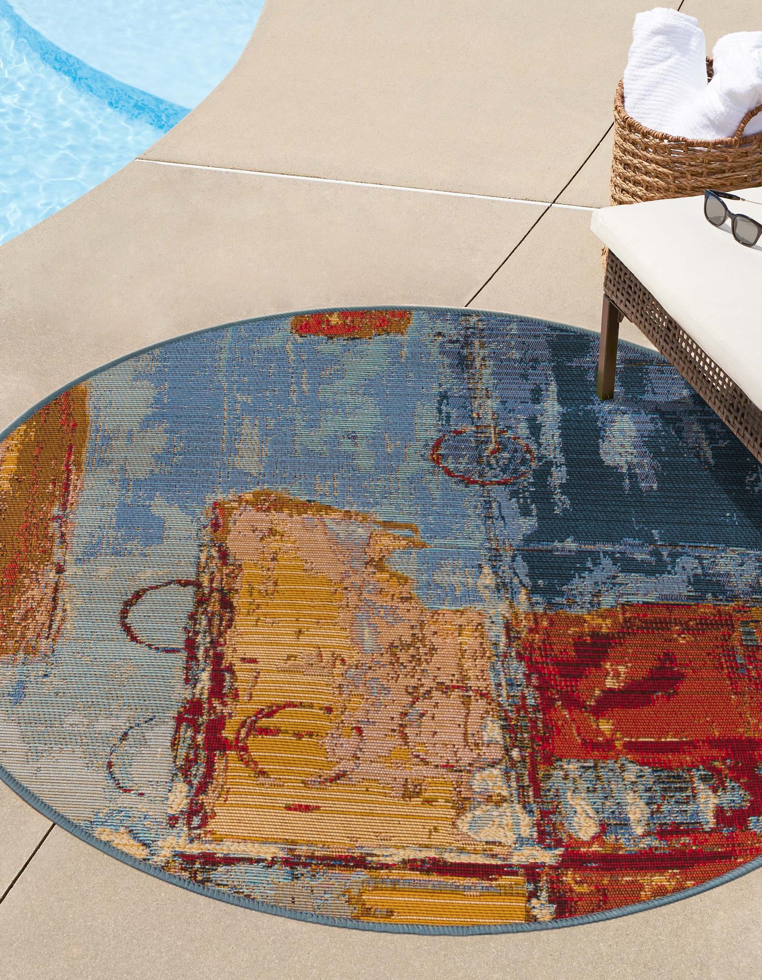 Multicolor 8' x 8' Outdoor Modern Round Indoor / Outdoor Rug