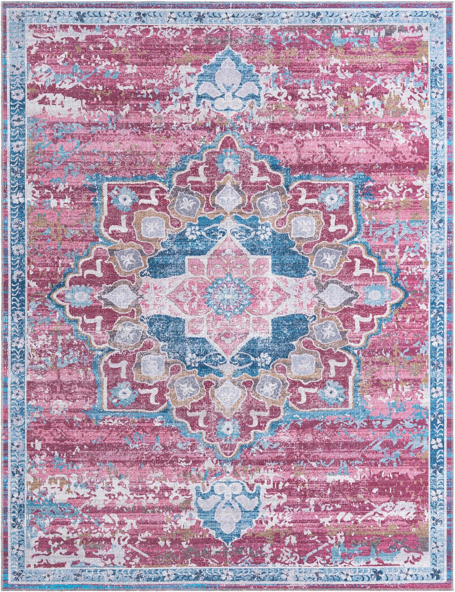 A 10x13 rectangular Francesca rug featuring a distressed pink, blue, and white traditional medallion pattern.