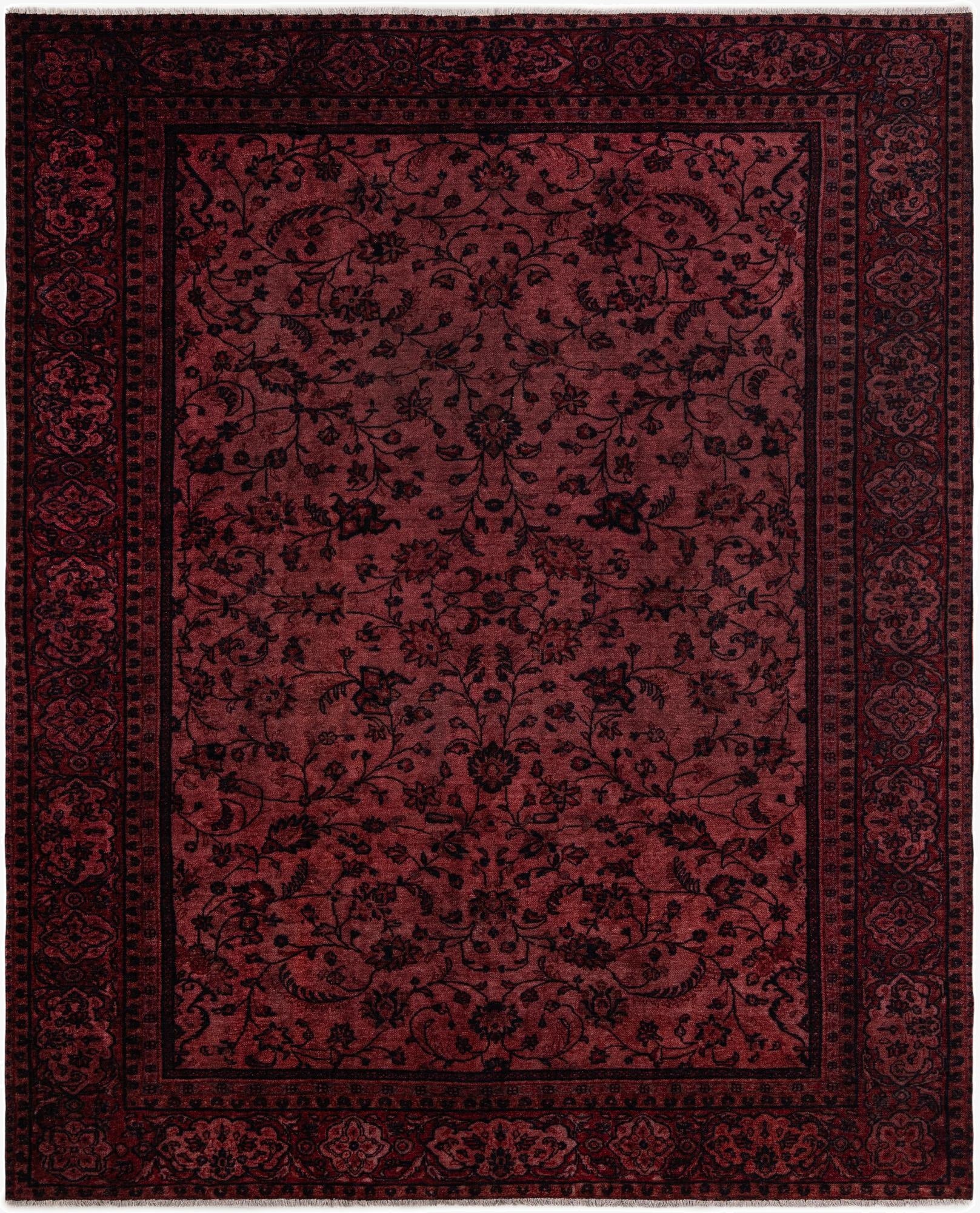 A rectangular 8x10 red traditional rug with a distressed vintage floral pattern and dark border.