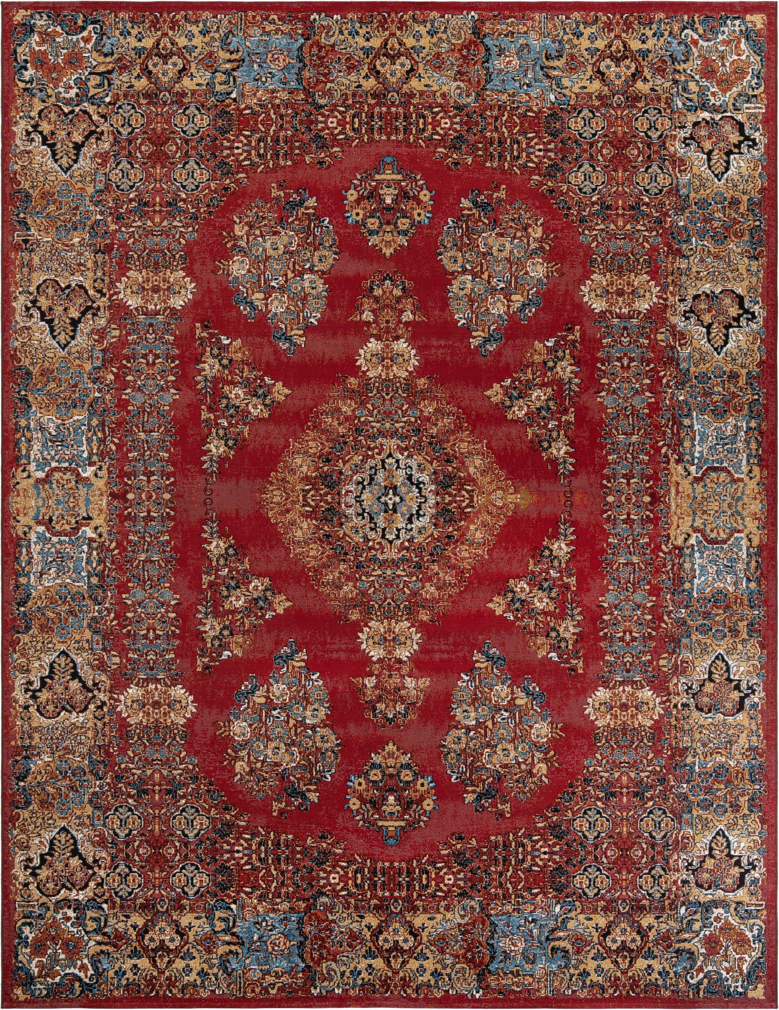 A 10x13 rectangular red indoor/outdoor rug with a traditional Oriental medallion pattern in blue, gold, and cream.