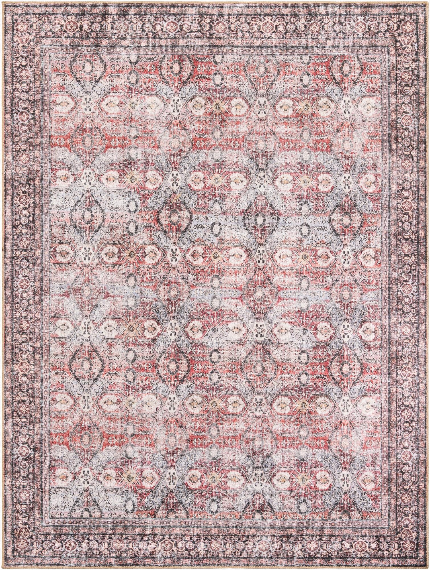 An 8x10 rectangular red oriental rug with a distressed vintage medallion pattern and a dark border.