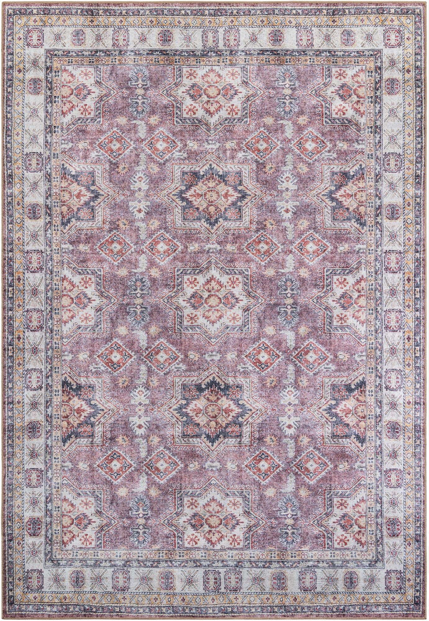 An 8x12 rectangular Rugs.com Timeless area rug featuring an antique rose pink modern pattern with geometric and floral motifs, bordered by lighter shades.