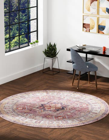 Antique Rose Pink Washable Timeless Round Rug