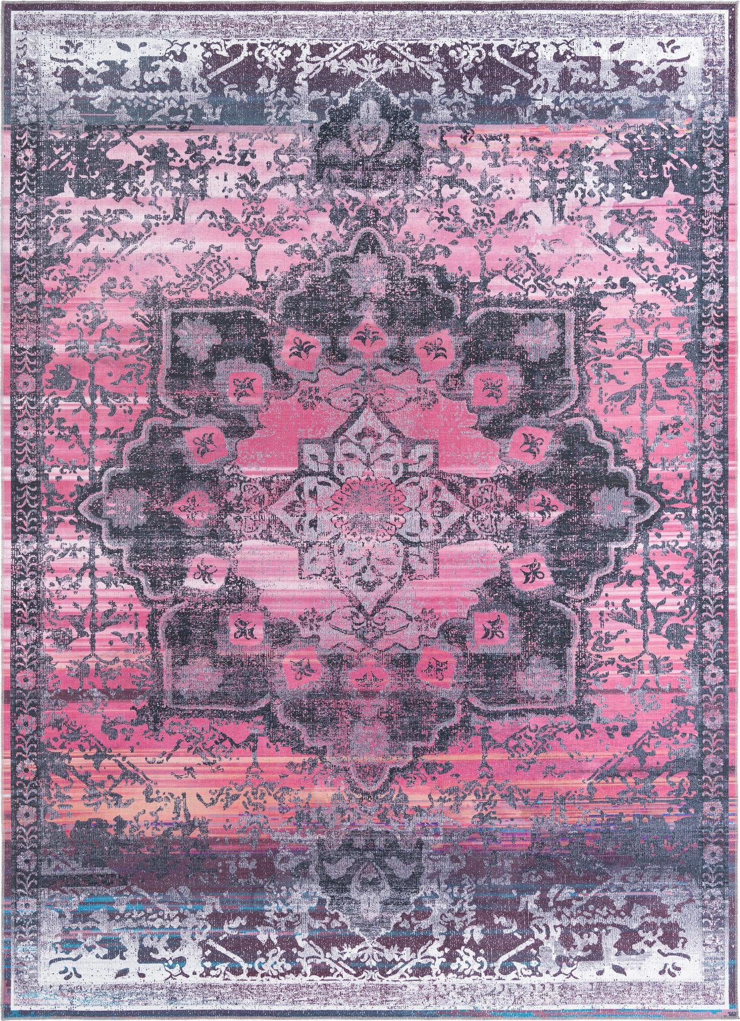 A 10x14 rectangular Francesca rug featuring a distressed pink and black traditional medallion pattern with vintage appeal.