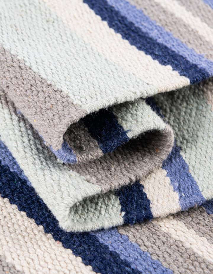 Custom Aqua Blue and Gray Hand Woven Flatweave Cotton Dhurrie Rug