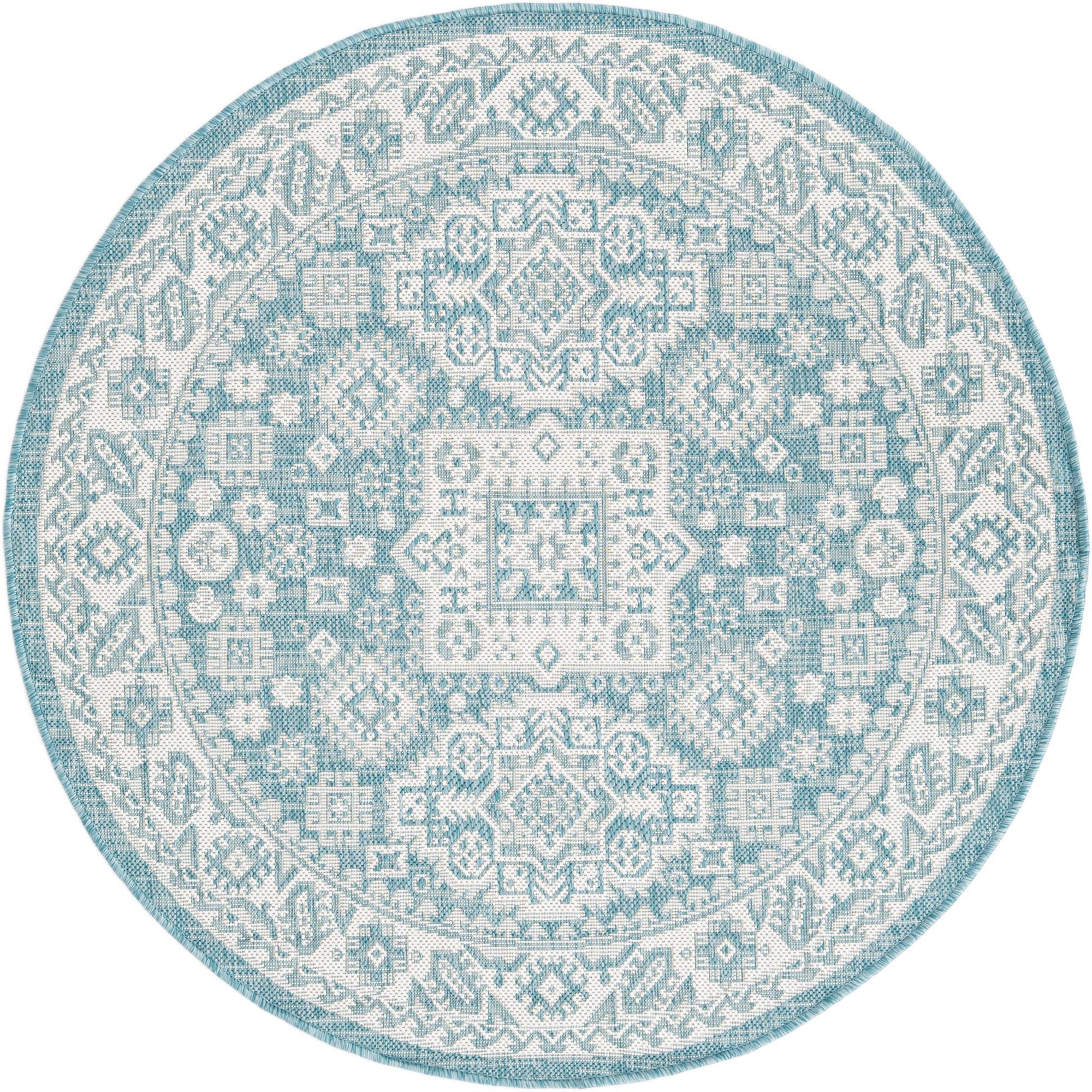 4' x 4' Easy-Clean Aztec Indoor / Outdoor Round Rug