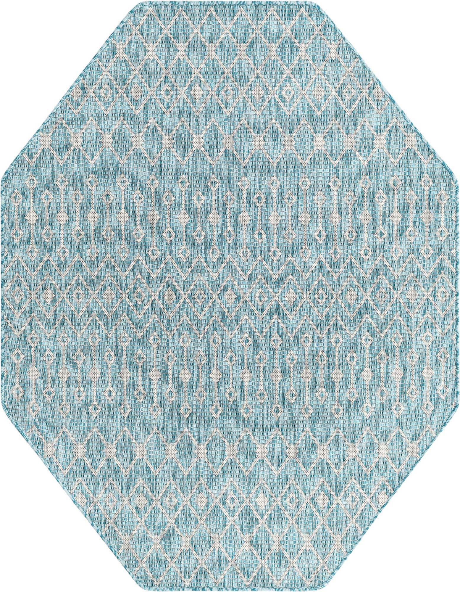 A 5' 3 x 5' 3 octagon blue and white flatweave rug with a modern geometric lattice pattern, suitable for indoor or outdoor use.