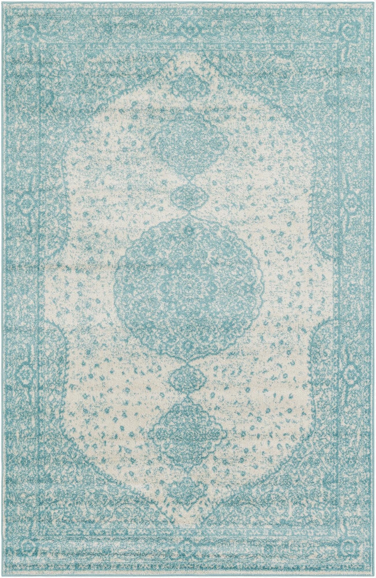 A 6x9 rectangular indoor rug featuring a distressed traditional pattern in light blue and cream.