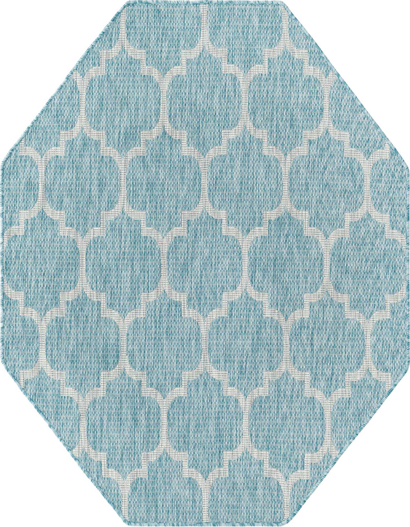 A 5' 3 x 5' 3 octagon blue and white trellis pattern rug, ideal for a patio or indoor space.