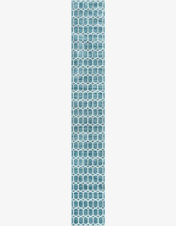 3' x 19' 8 Babcock · Geometric lattice rug, blue and ivory