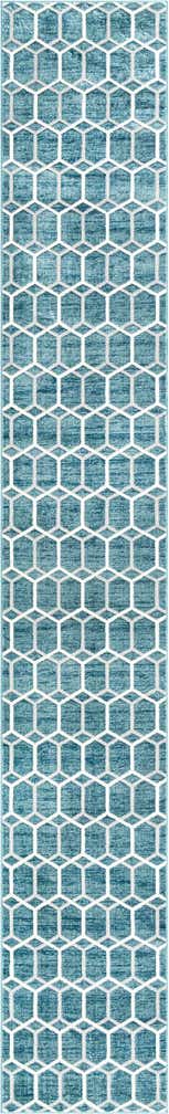 3' x 19' 8 Babcock · Geometric lattice rug, blue and ivory
