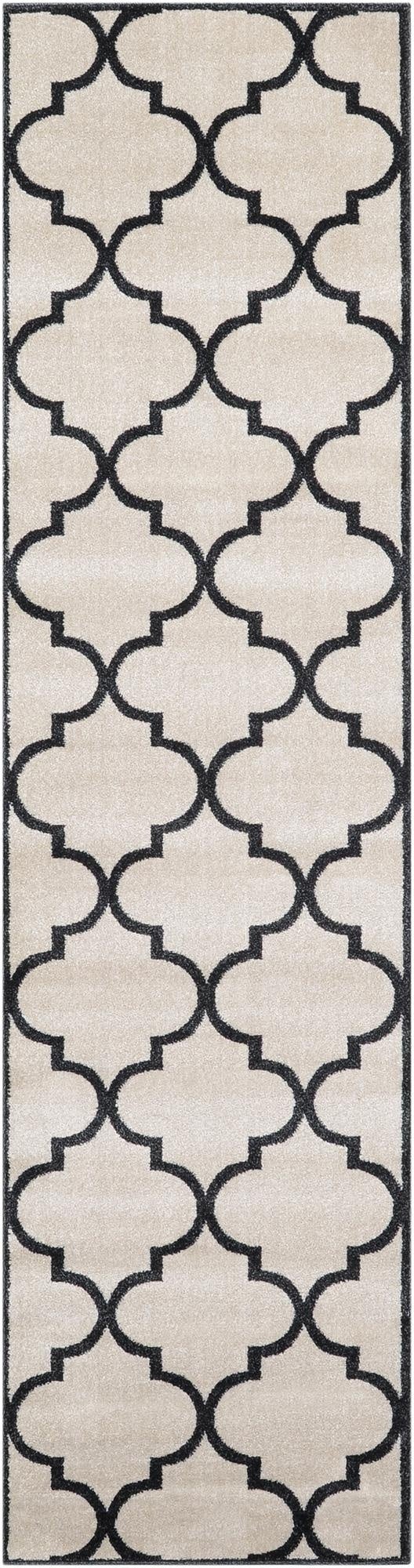 A 10 ft runner rug featuring a beige background with a bold black modern trellis pattern, ideal for hallways.