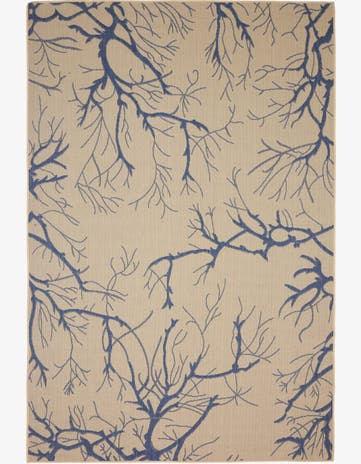 Beige and Blue Easy-Clean Botanical Indoor / Outdoor Rug